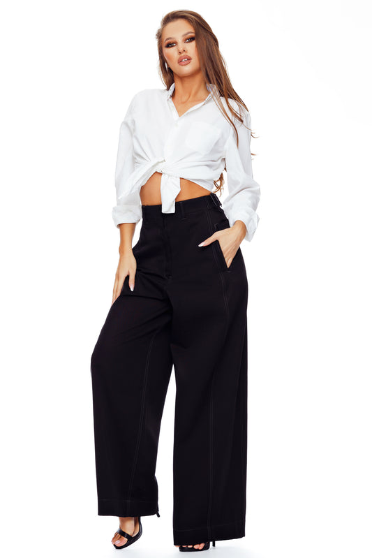 Pantalon dama evazat cu talie inalta din bumbac- Cathy Black