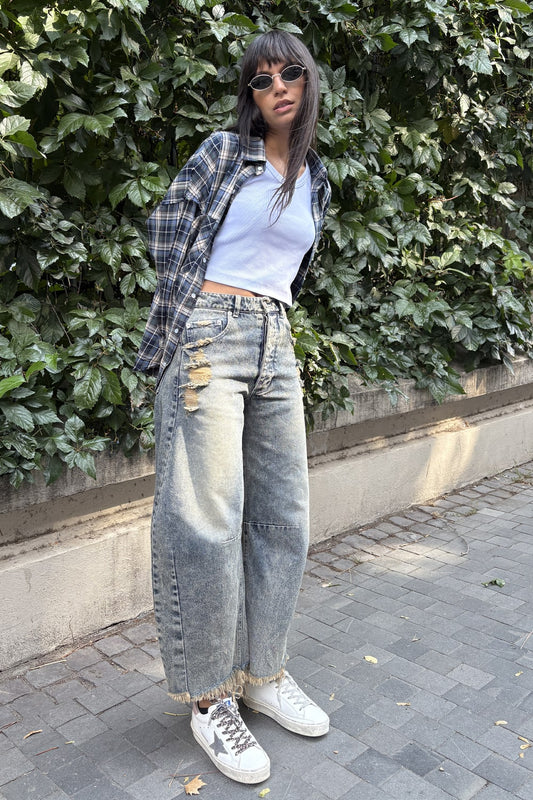 blugi bufanți femei cu rupturi și tiv desfăcut din bumbac 100%”