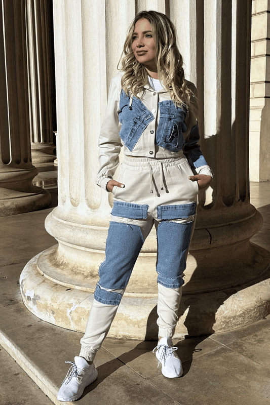 trening dama bumbac alb cu denim
