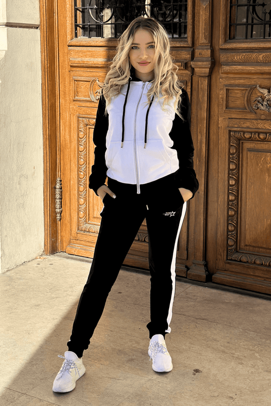 trenin dama bumbac alb/negru cu buzunare