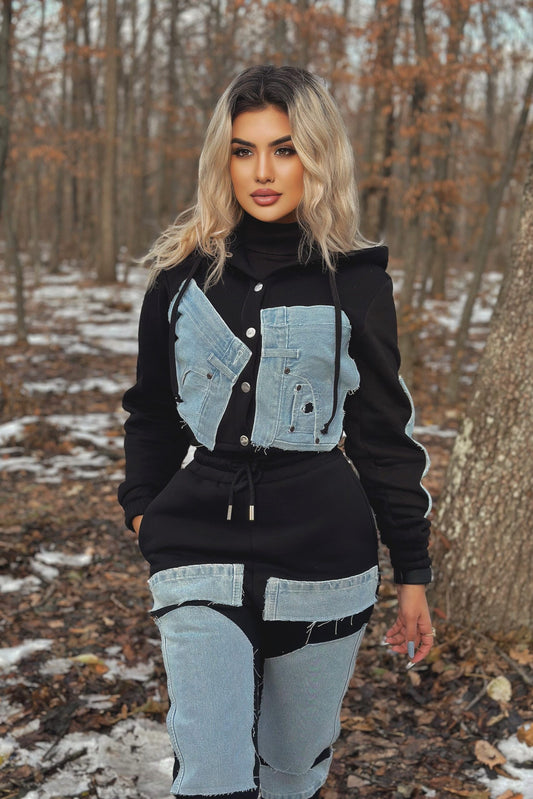 trening dama din bumbac negru/denim