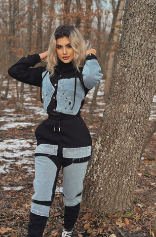 Trening dama cu denim din bumbac doua piese - model Sandra negru