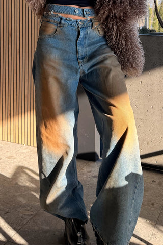 Blugi Evazati cu Talie Dublă - Roza blue