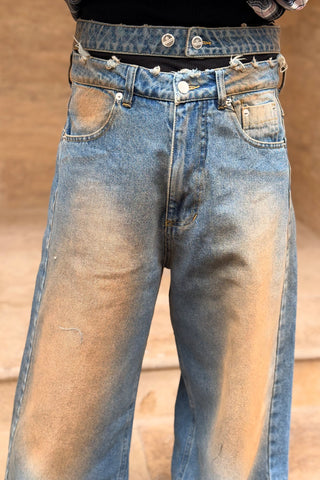 Blugi wide leg din denim cu efect decolorat și talie înaltă, detaliu