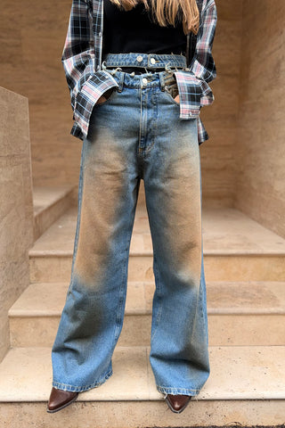 Blugi wide leg pentru femei din denim albastru cu efect washed și talie dublă, vedere frontală