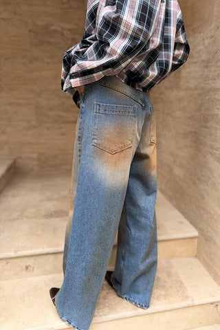 Blugi wide leg din denim cu efect decolorat și talie înaltă, vedere din spate