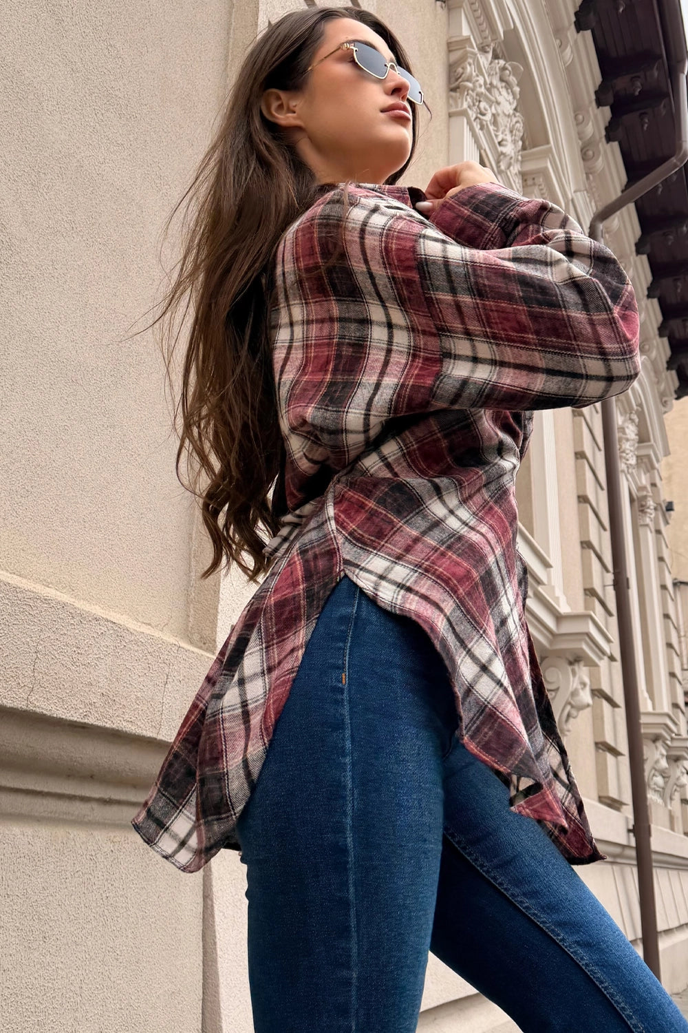 Cămașă damă caro oversized tip corset, din bumbac 100%, mărime unică, design modern cu închidere frontală