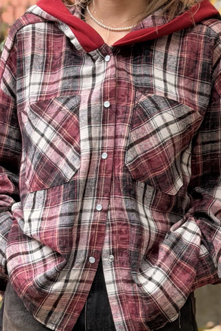 Detaliu închidere cu capse sidefate pe o cămașă din bumbac în carouri bordeaux