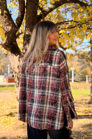 Cămașă damă oversize roșu-închis cu carouri spate
