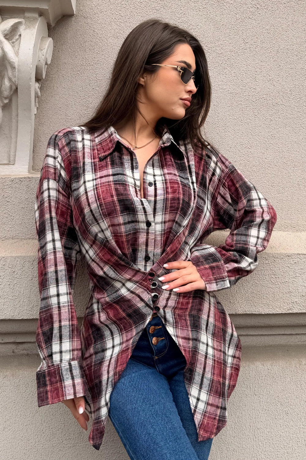 Cămașă damă tip corset cu carouri, din bumbac 100%, mărime unică, croială feminină cu nasturi frontali