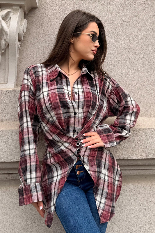 Cămașă damă tip corset cu carouri, din bumbac 100%, mărime unică, croială feminină cu nasturi frontali