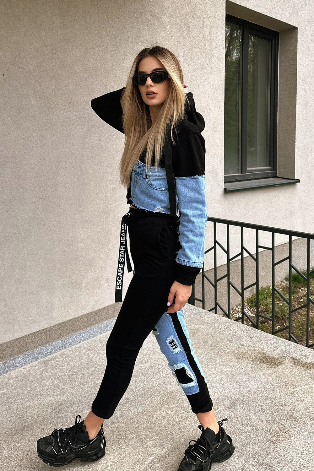 trening dama bumbac negru si denim