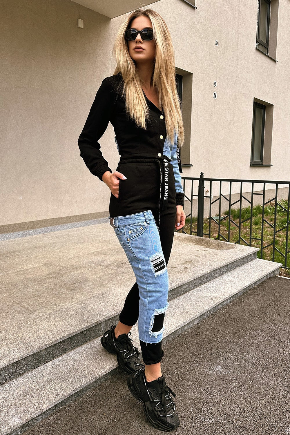 trening dama bumbac negru si denim