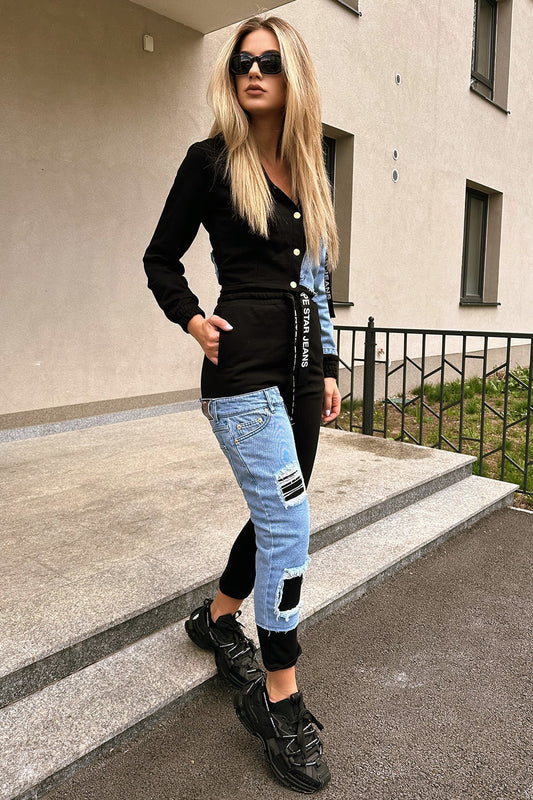 trening dama bumbac negru si denim
