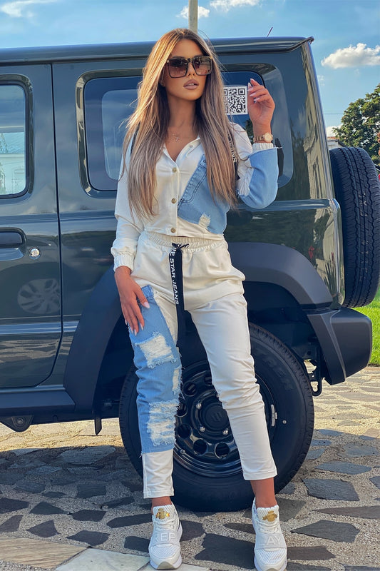 Trening dama din bumbac cu denim - model Demy off-white