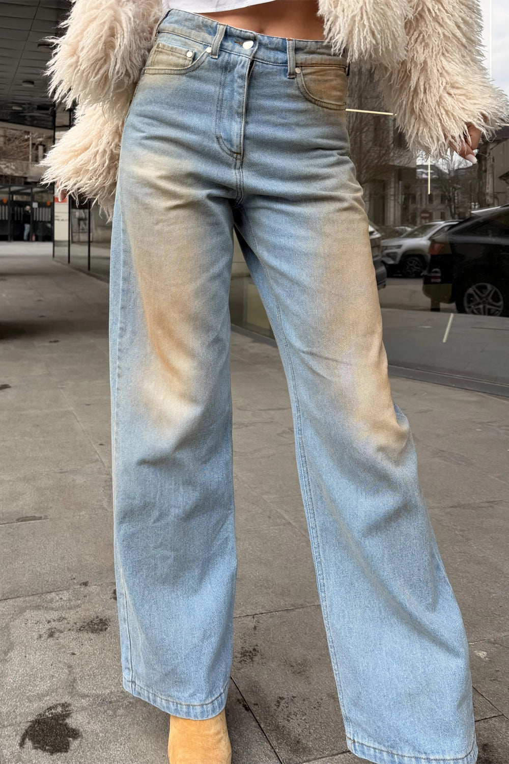 Blugi damă croială largă cu aspect retro decolorat