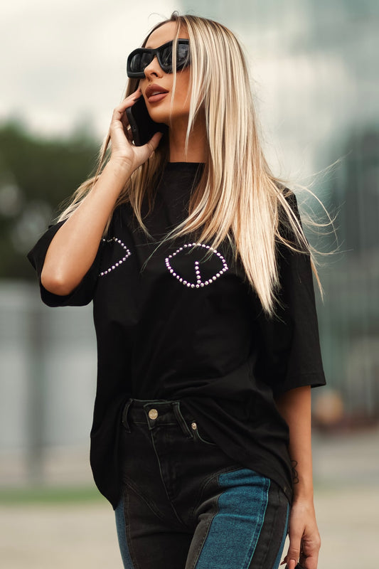 Tricou dama bumbac oversized- Grace Negru strass