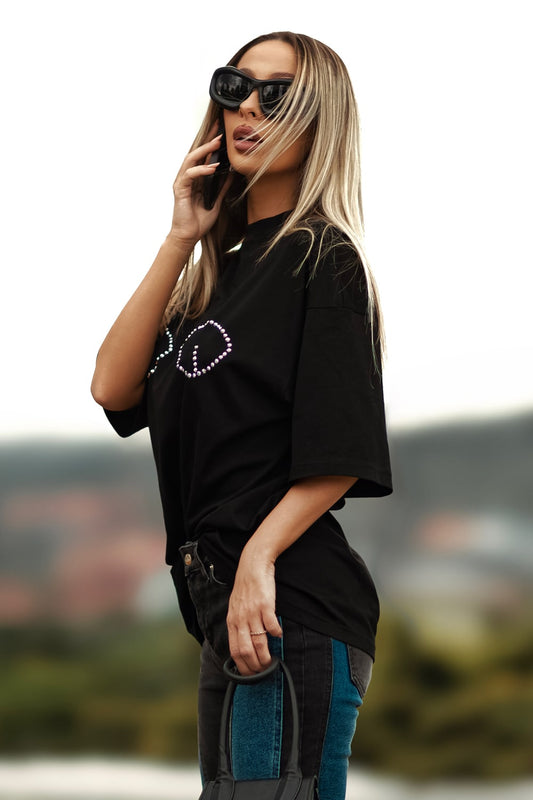 Tricou dama bumbac oversized- Grace Negru strass