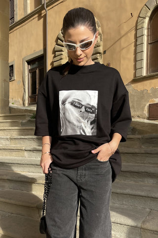 Tricou dama bumbac negru oversized- Grace I don't care