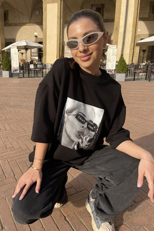 Tricou dama bumbac negru oversized- Grace I don't care