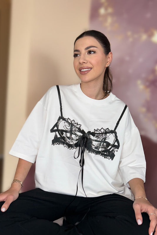 Tricou dama bumbac alb oversized- Grace bra