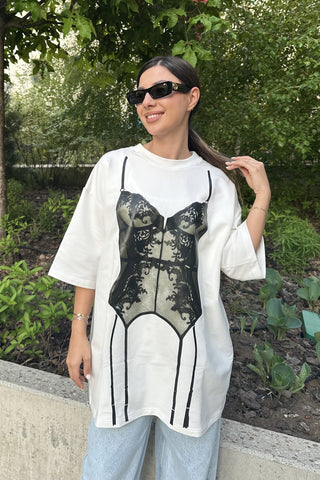 Tricou dama bumbac alb oversized- Grace corset