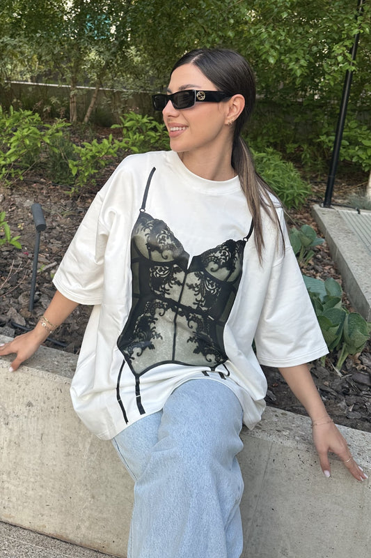 Tricou dama bumbac alb oversized- Grace corset