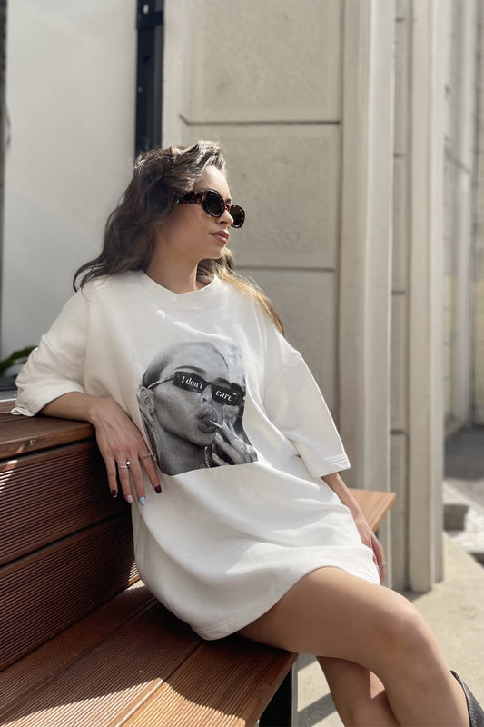 Tricou dama bumbac alb oversized- Grace I don't care