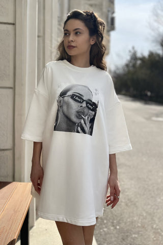 Tricou dama bumbac alb oversized- Grace I don't care