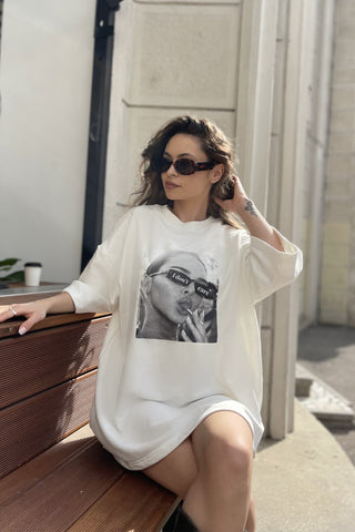 Tricou dama bumbac alb oversized- Grace I don't care