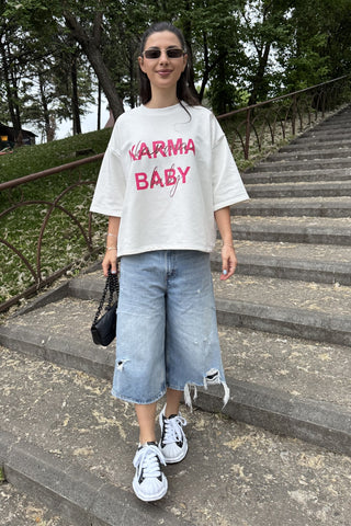 Tricou dama bumbac alb oversized- Grace Karma