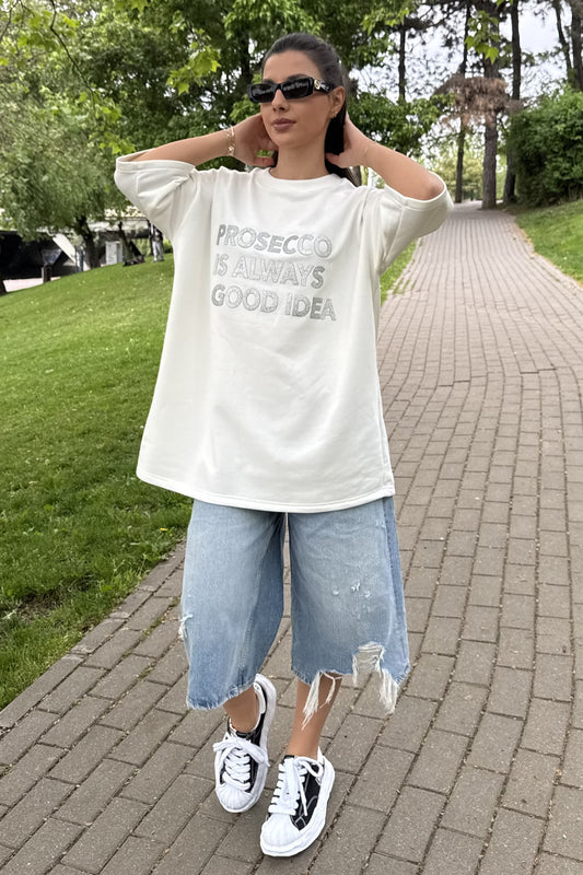Tricou dama bumbac alb oversized- Grace Prosecco