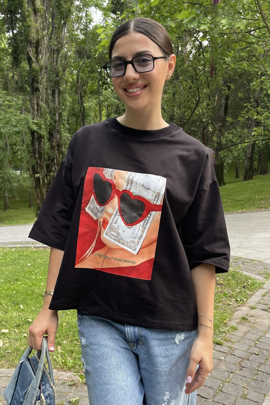 Tricou dama bumbac negru oversized- Grace Sunglasses