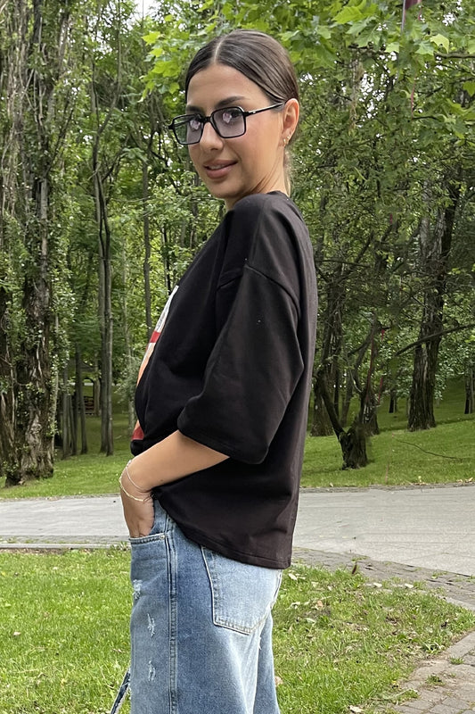 Tricou dama bumbac negru oversized- Grace Sunglasses