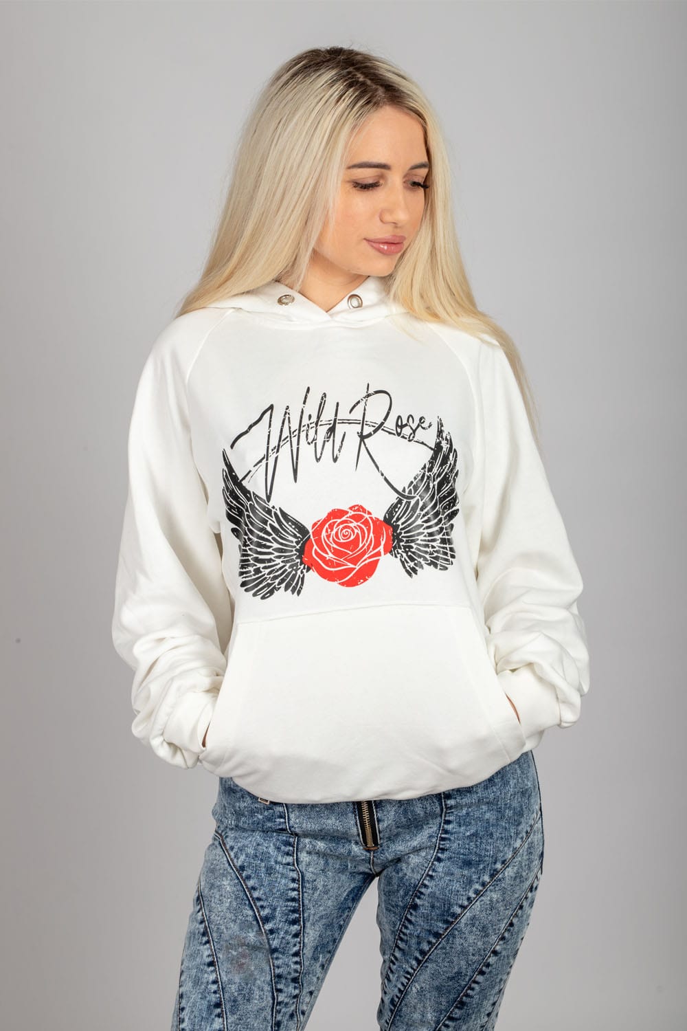 hanorac dama alb oversized cu gluga