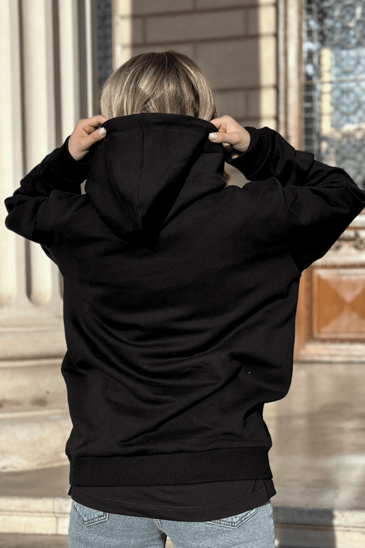 hanorac negru oversized cu gluga