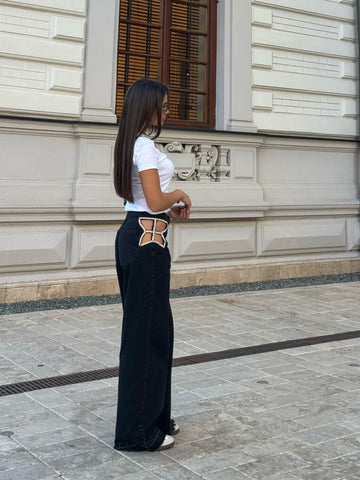 Blugi Wide Leg cu Detalii Strass
