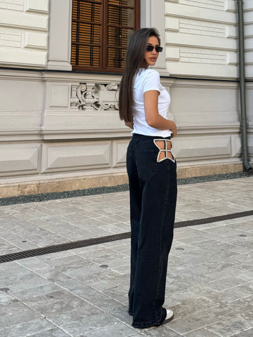 Blugi Wide Leg cu Detalii Strass