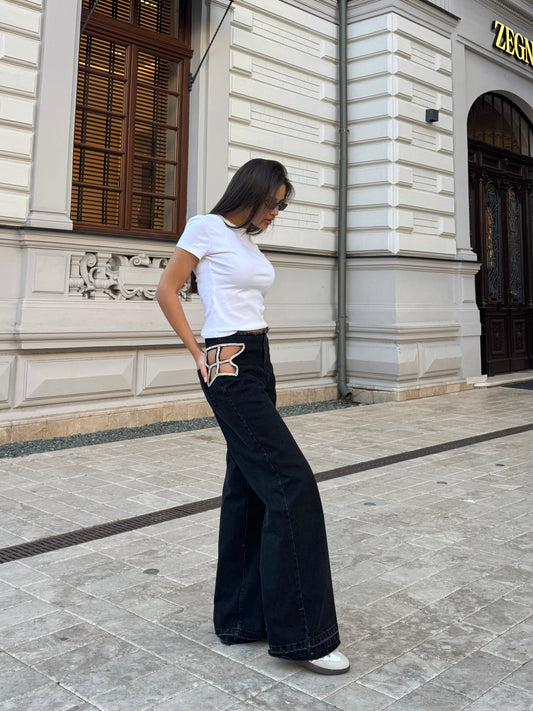 Blugi Wide Leg cu Detalii Strass