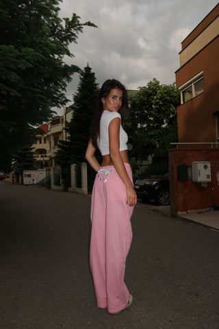 Pantaloni din in Evazati cu siret - Ramona Roz