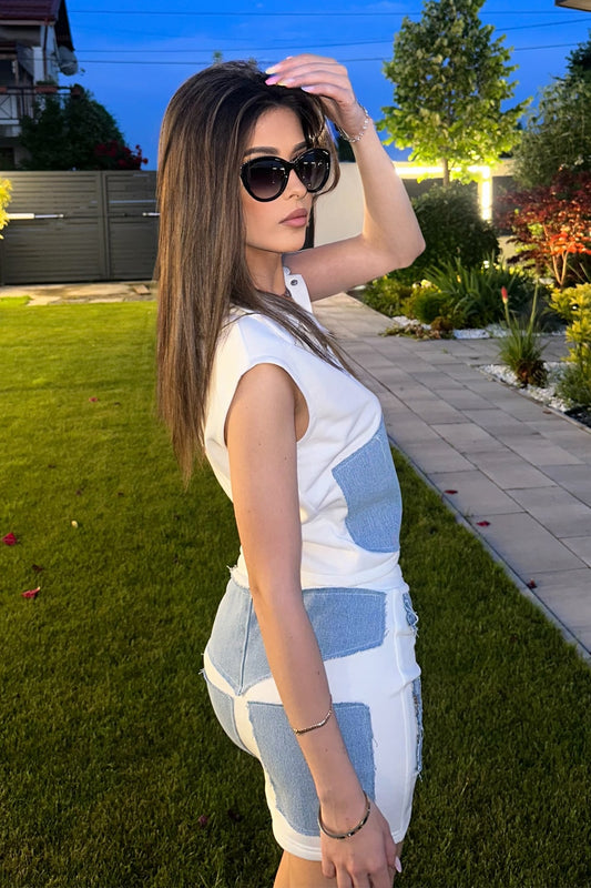 Compleu dama cu denim din bumbac doua piese - model Maya alb