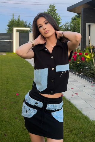 Compleu dama cu denim din bumbac doua piese - model Maya negru