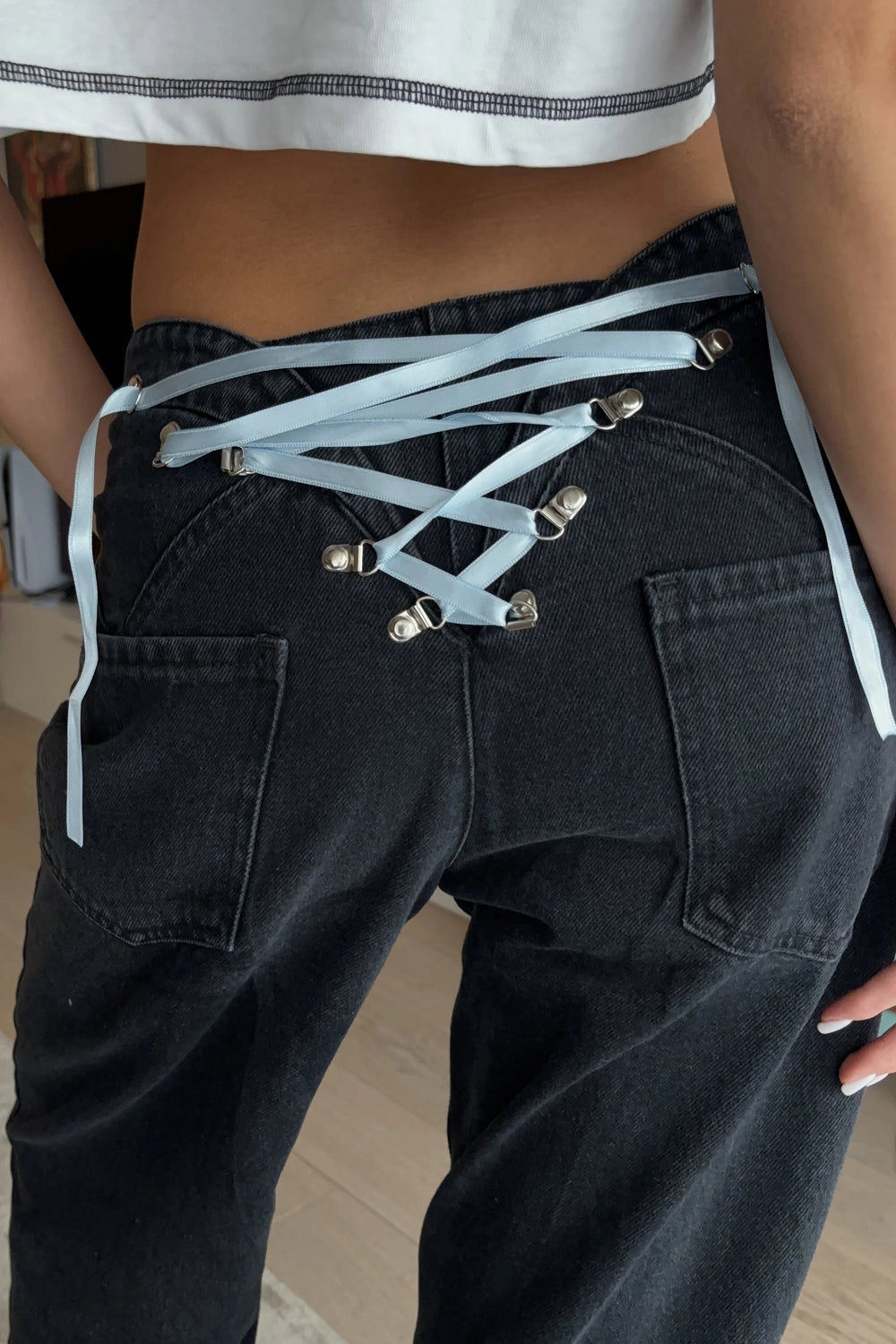 blugi negri wide leg din bumbac cu sireturi spate ajustabile