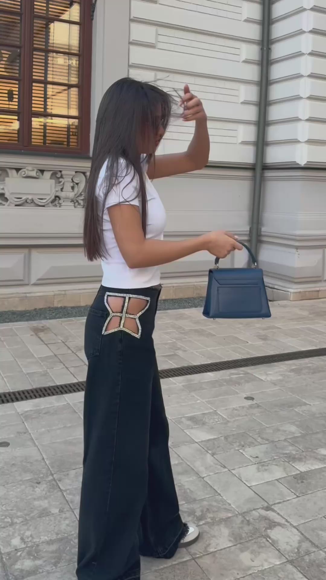 Blugi Wide Leg cu Detalii Strass