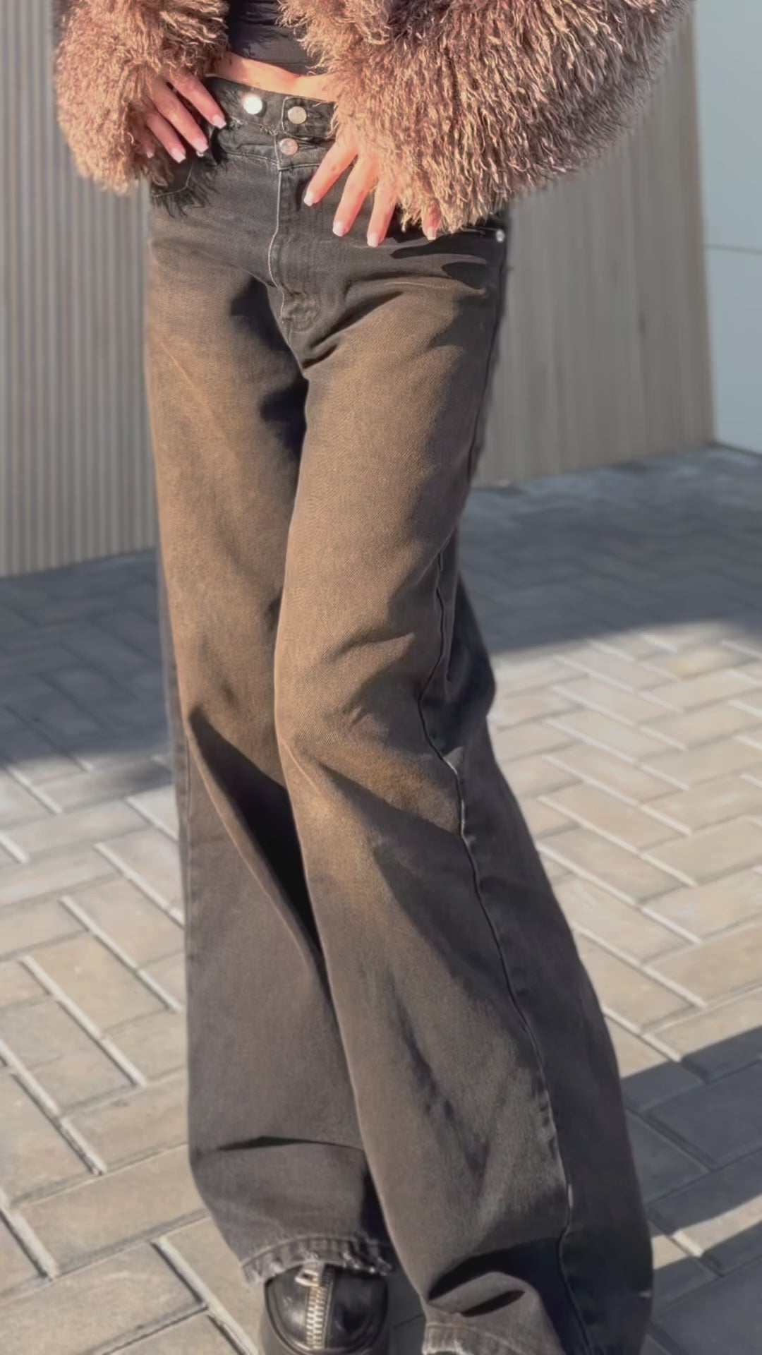 Blugi Evazati cu Talie Dublă - Roza negru