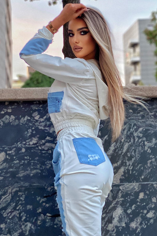 Trening dama cu denim din bumbac doua piese - model Serena off-white