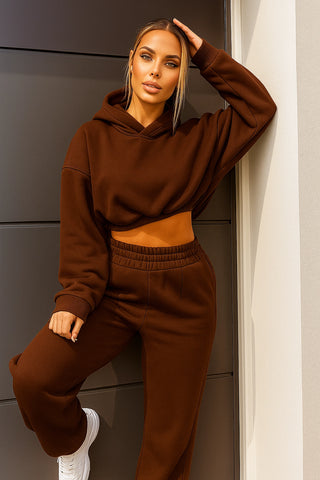 Set damă hanorac scurt și pantaloni maroniu închis, model lejer