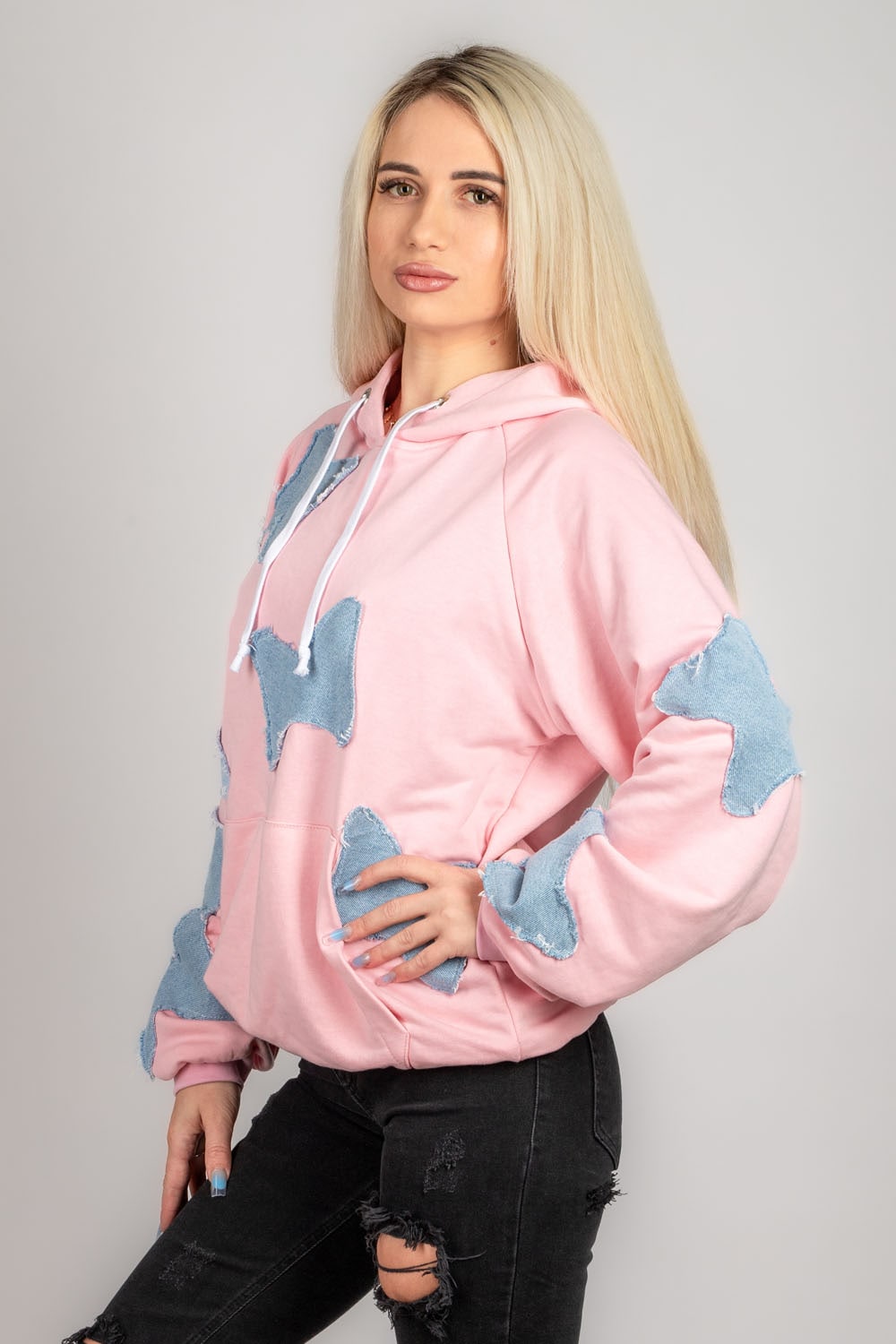 hanorac dama roz oversized cu gluga