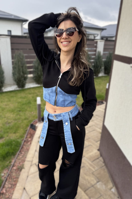 trening dama negru bumbac cu denim