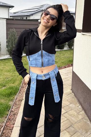 Trening dama negru bumbac cu denim - model Sonia